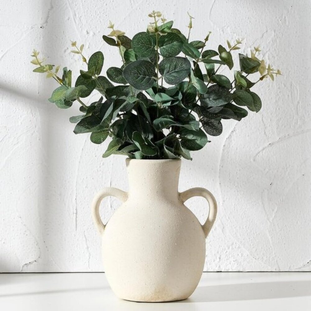 New Rustic Ceramic Flower Vase with 2 Handles for Home or Office Decor - White